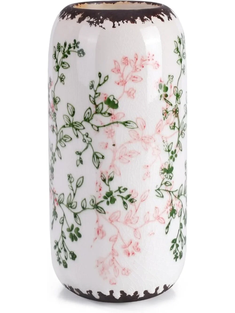 Modern Small Green and Beige Ceramic Vase Flowers Ribbed Textured Home Livings